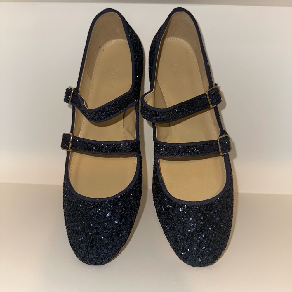 J.Crew double buckle navy glitter Mary Jane flats sz 8.5